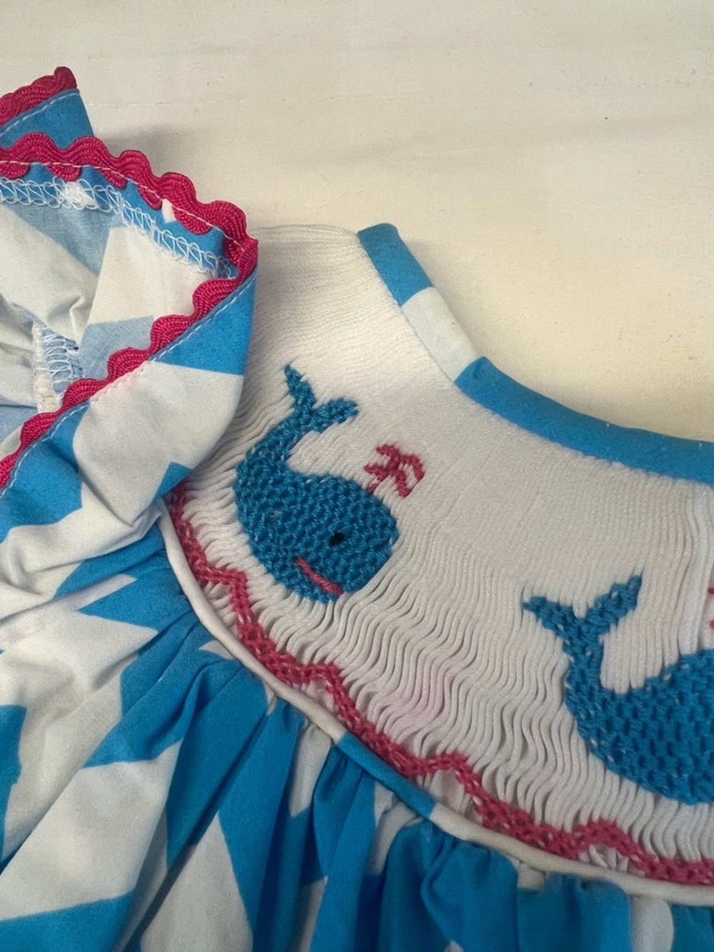 Blue Chevron Smocked Girls Dress with Pink Polka Dot Trim - Picture 4 of 7